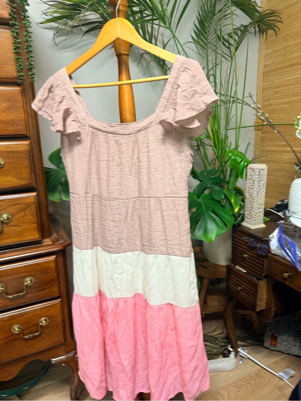 Umgee Colorblock High-Low Tiered Dress - Lavender, Cream & Pink - Picture 6 of 7
